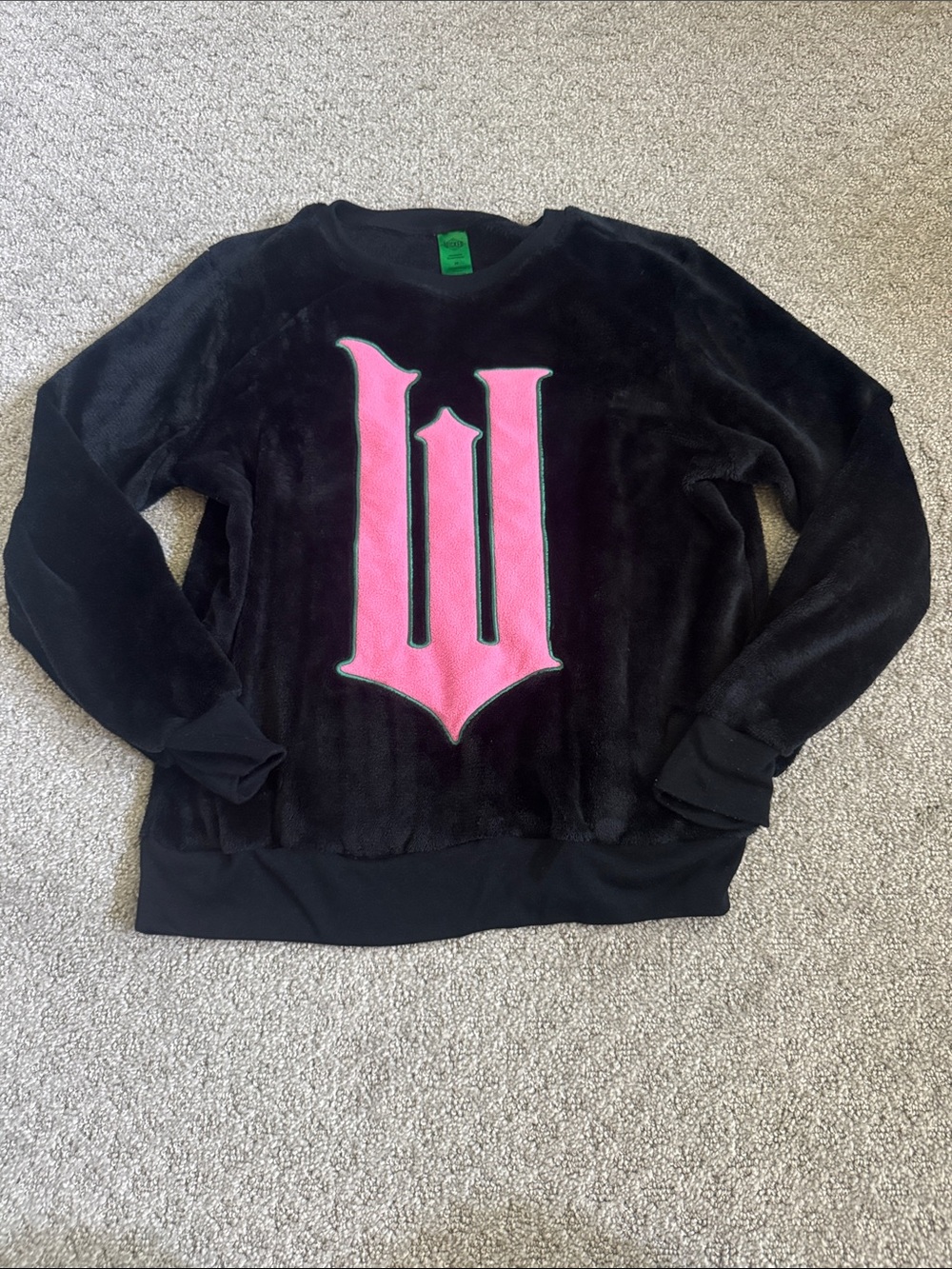 Black Plush Wicked Sweatshirt with Pink Crest